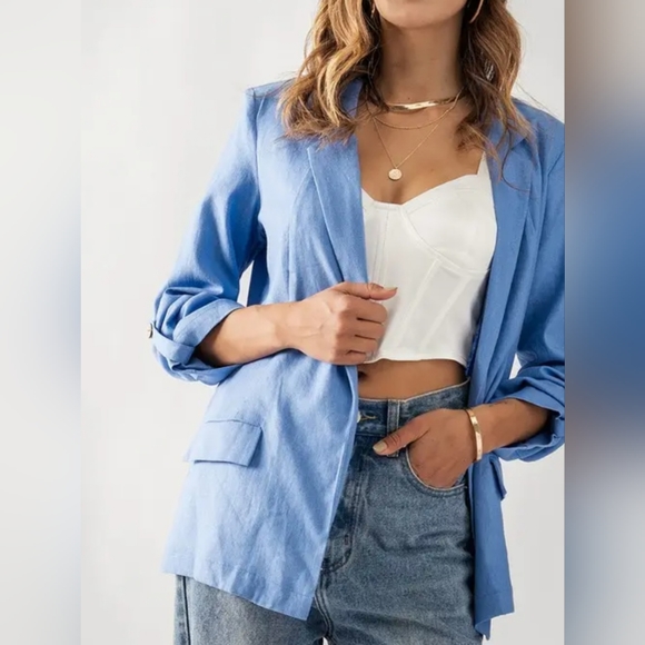 #51 SALE 🛑29 M, L  Boho Linen Open Front Roll Tab Sleeve Blazer - Picture 2 of 5